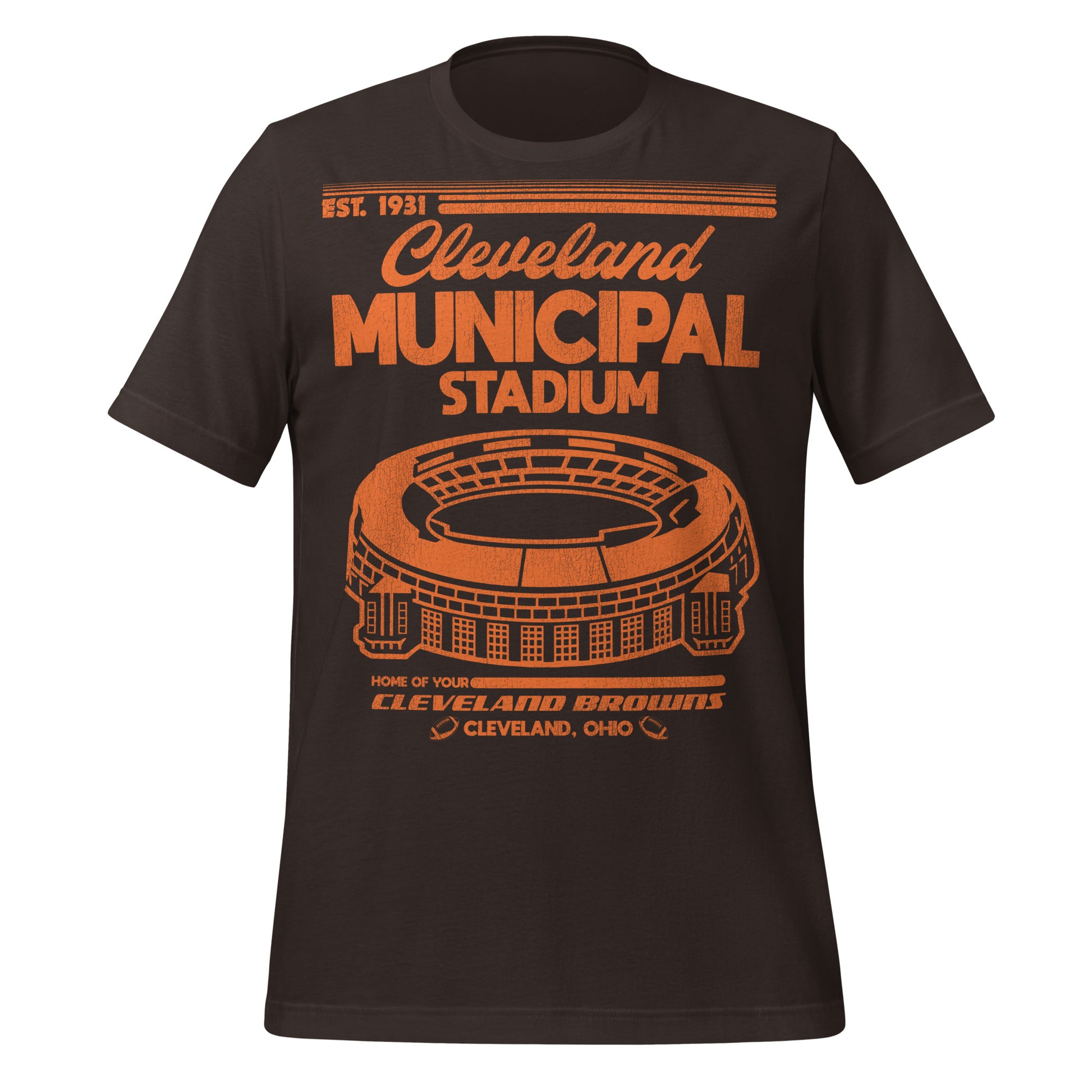 A brown and orange 70s style short sleeved t shirt that says "Cleveland Municipal Stadium", "Est. 1931", famously the "Home of Your Cleveland Browns" in "Cleveland Ohio". Image of the multipurpose stadium in orange and brown, colors of the NFL team the Browns.