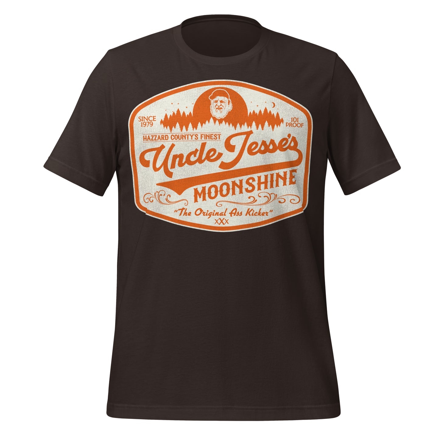 A retro 80s style short sleeve black Uncle Jesse's Moonshine t-shirt that says Hazzard County's Finest, 101 Proof, Since 1979, and "The Original Ass Kicker". Image of Jesse Duke, played by Denver Pyle, in front of an orange forest, the logo. Refers to the TV series The Dukes of Hazzard.