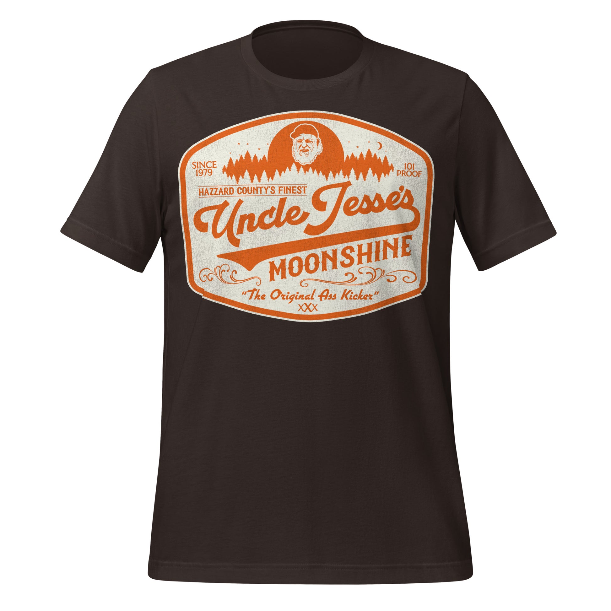 A retro 80s style short sleeve black Uncle Jesse's Moonshine t-shirt that says Hazzard County's Finest, 101 Proof, Since 1979, and "The Original Ass Kicker". Image of Jesse Duke, played by Denver Pyle, in front of an orange forest, the logo. Refers to the TV series The Dukes of Hazzard.