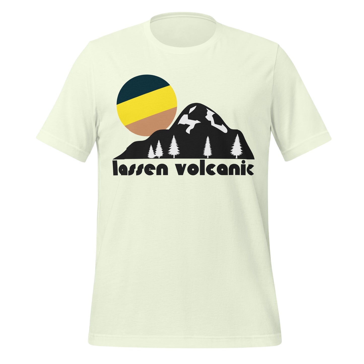 An 80s style, vintage citron colored t-shirt that reads "lassen volcanic" in bold, black lettering underneath the image of a large mountain with a couple spruce trees and an artistic tricolored black, yellow, and tan sun setting. In reference to California's famous Lassen Volcanic National Park in the Cascades, a popular destination for tourists and hikers, known for its lakes, wildflowers, and its many volcanoes including Lassen Peak - the largest plug dome volcano on earth.