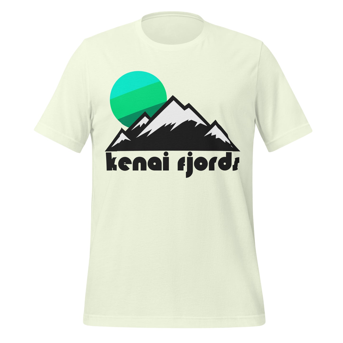A vintage, citron colored "Kenai Fjords" short sleeved t-shirt with an image of snow covered mountains and a sun setting in shades of green and blue. References the Kenai Fjords National Park in Alaska, famous around the country for its many glaciers and stunning hiking.