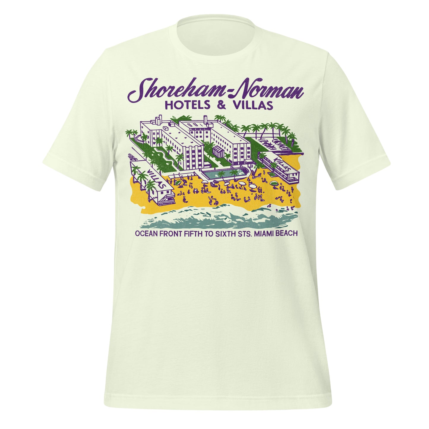 A travel citron colored t-shirt that says Shoreham Norman Hotels & Villas and "Ocean Front Fifth to Sixth Sts. Miami Beach". Includes an image of a beachfront hotel property, the ocean, palm trees, yellow sand, and twin villas.