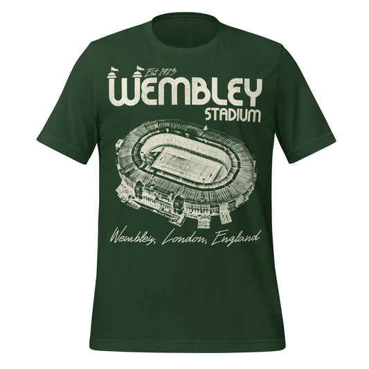 A vintage forest green t-shirt for touorists that says "Wembley Stadium", "Wembley, London, England", "Est. 1923", and has an image of the iconic football stadium where many English football leagues play. Initially called Empire Stadium in 1923 and was built as the centerpiece during the British Empire Exhibition. Also has been used for the FA Cup Finals, the 1948 Summer Olympics, nd music concerts like the Live Aid concert in 1985.