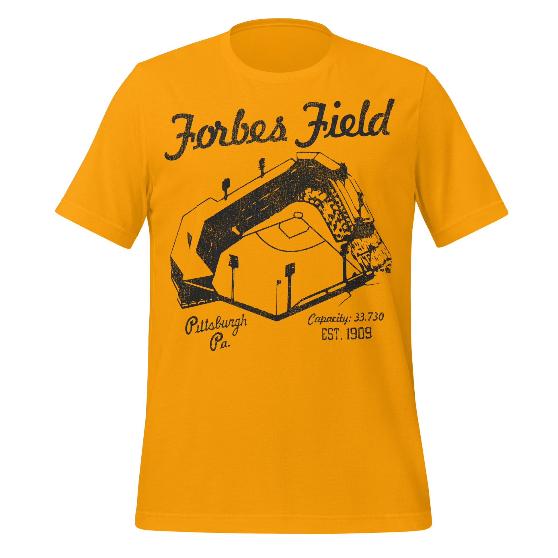 A gold colored retro t-shirt that says "Forbes Field" from "Pittsburgh Pa.", "Capacity: 33,730", "Est. 1909". Image of the baseball park in Pennsylvania which was used in the 1900s.