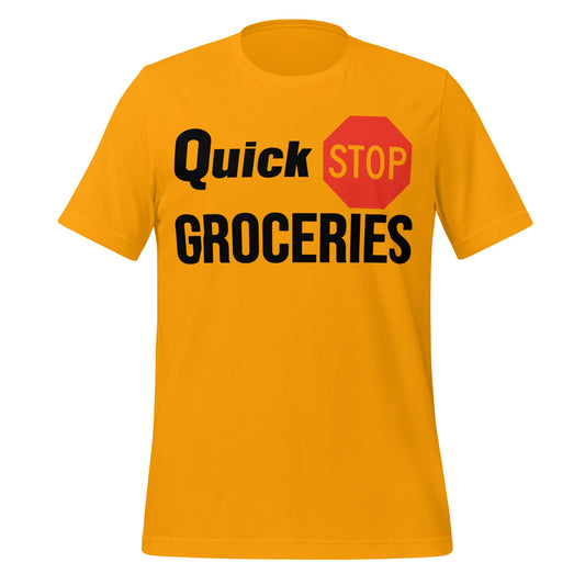 A gold orange 70s style retro t-shirt that says Quick Stop Groceries, a reference to the convenience store from the Kevin Smith movie Clerks III, worn by actors Brian O'Halloran and Jeff Anderson.