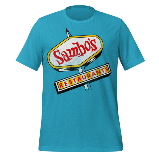 A heather aqua retro t-shirt that says "Sambo's Restaurants" referring to the restaurant chain from the 1960s and 1970s started in California.