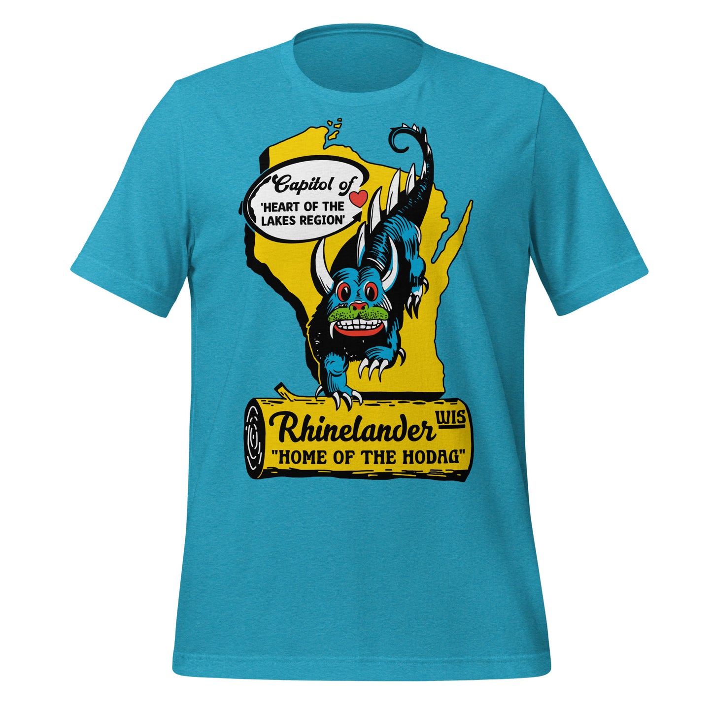 A heather aqua colored retro t-shirt that says Capitol of and "heart of the Lakes Region" with an arrow pointing towards a small heart where Rhinelander is on a map of Wisconsin. Shirt says "Rhinelander, WIS" and "home of the Hodag". Image of legendary Wisconsin monster the hodag with claws, a spiked back, horns, red eyes, green lips, and blue scales.