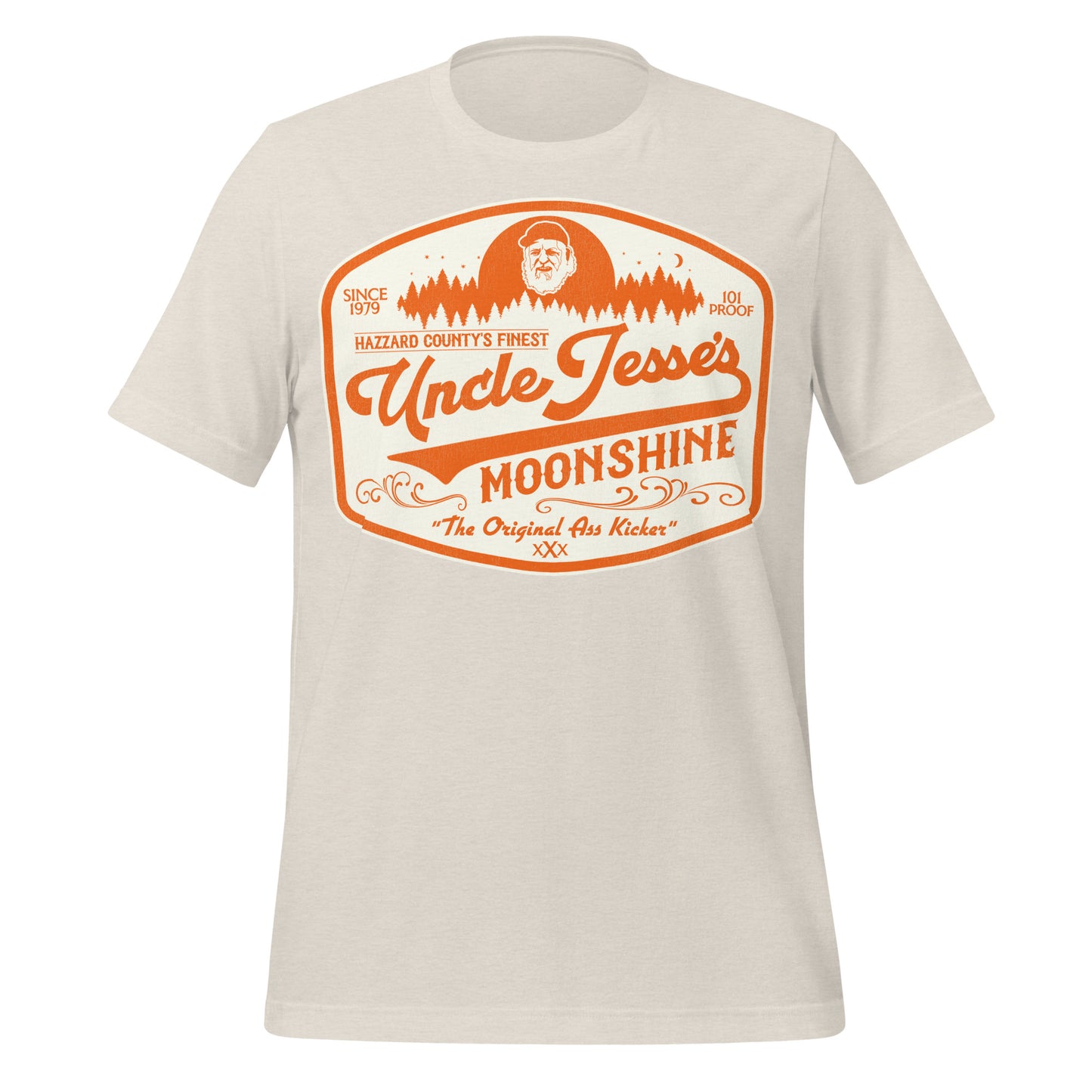 A vintage 70s style short sleeve Uncle Jesse's Moonshine t-shirt. Says Hazzard County's Finest, 101 Proof, Since 1979, and "The Original Ass Kicker" in orange text. Image of Uncle Jesse logo, a bearded man in front of a forest. From the TV show The Dukes of Hazzard.