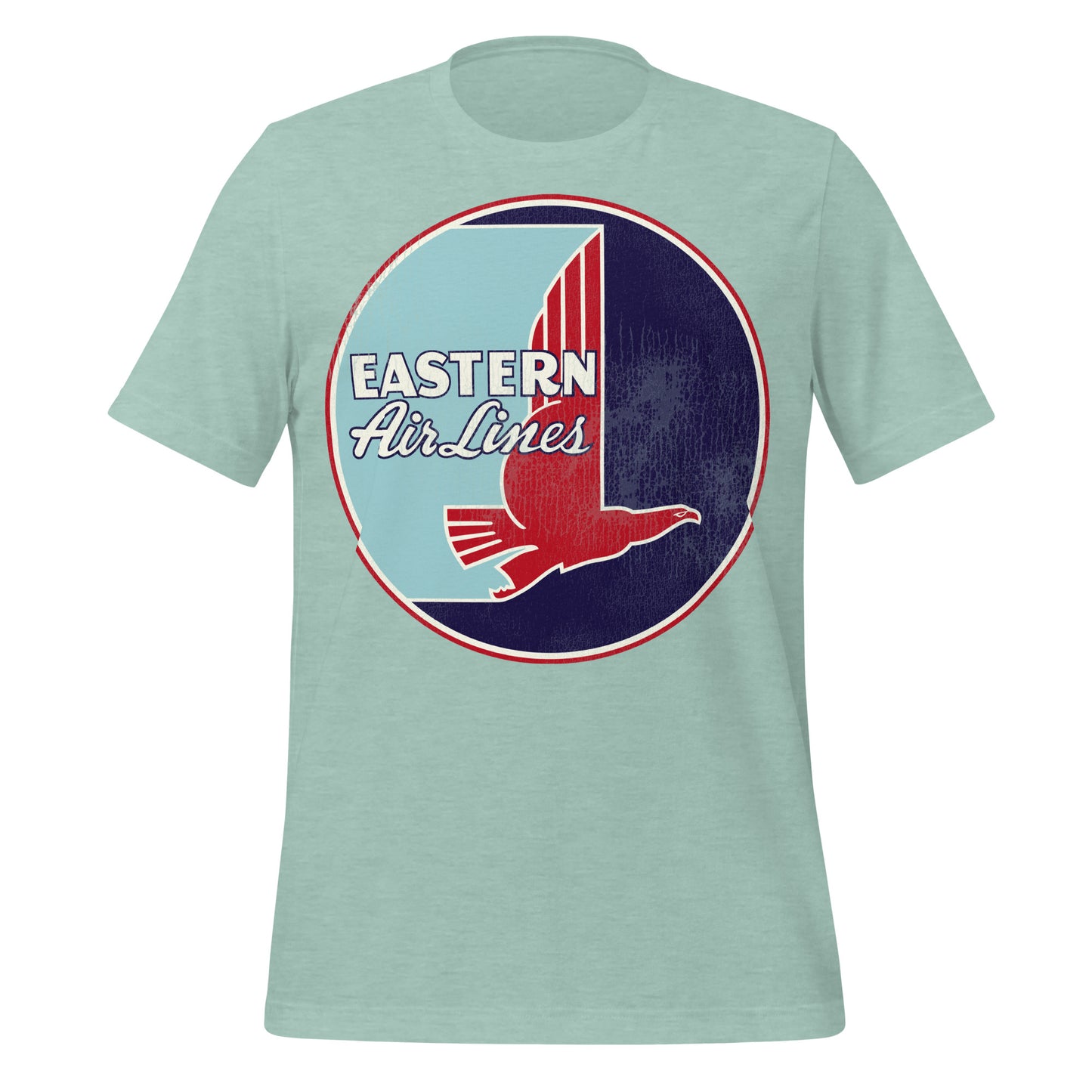 A heather prism dusty green retro t-shirt that says "Eastern Air Lines" with image of logo with a red falcon representing airplane speed and direction.