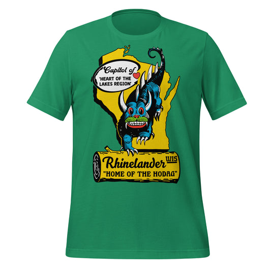 A kelly green retro t-shirt that says "Capitol of", "Heart of the Lakes Region", "Rhinelander WIS," and "Home of the Hodag". Image of Wisconsin's legendary hodag monster with blue blody, white claws and horns, red eyes and nose, and green lips.