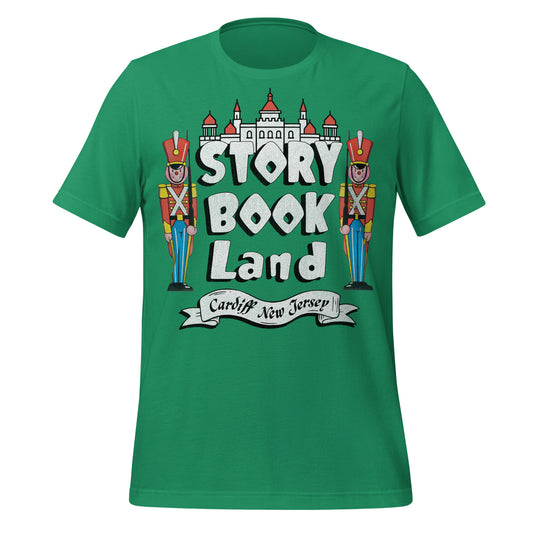 A retro tourist Story Book Land green t-shirt with a castle, two toy soldiers resembling English palace guards, and Cardiff New Jersey.