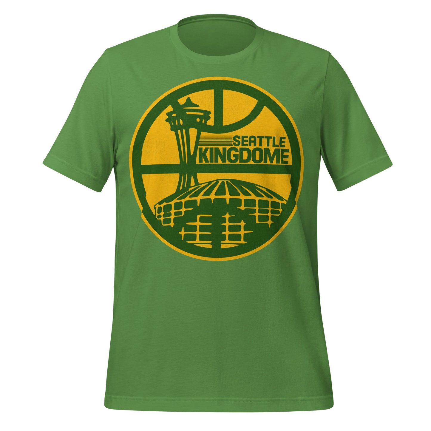 A leaf green retro Seattle Kingdome t-shirt with an image of the famous domed stadium, the first in the American league, where the Mariners, Seahawks, Sonics, and Sounders played. Also an image of Seattle tourist attraction the Space Needle and an image of a basketball court.