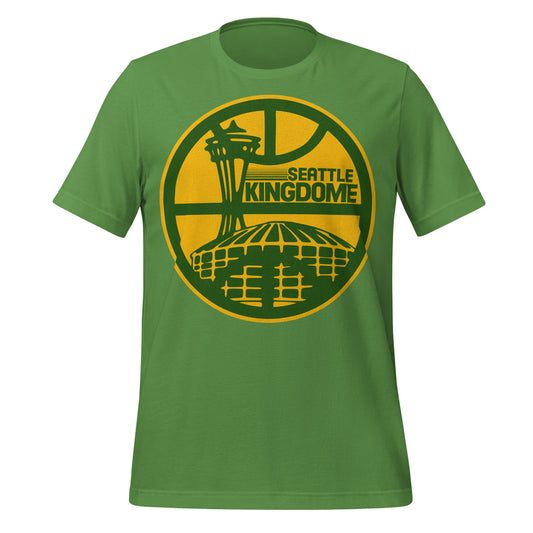 A leaf green retro Seattle Kingdome t-shirt with an image of the famous domed stadium, the first in the American league, where the Mariners, Seahawks, Sonics, and Sounders played. Also an image of Seattle tourist attraction the Space Needle and an image of a basketball court.