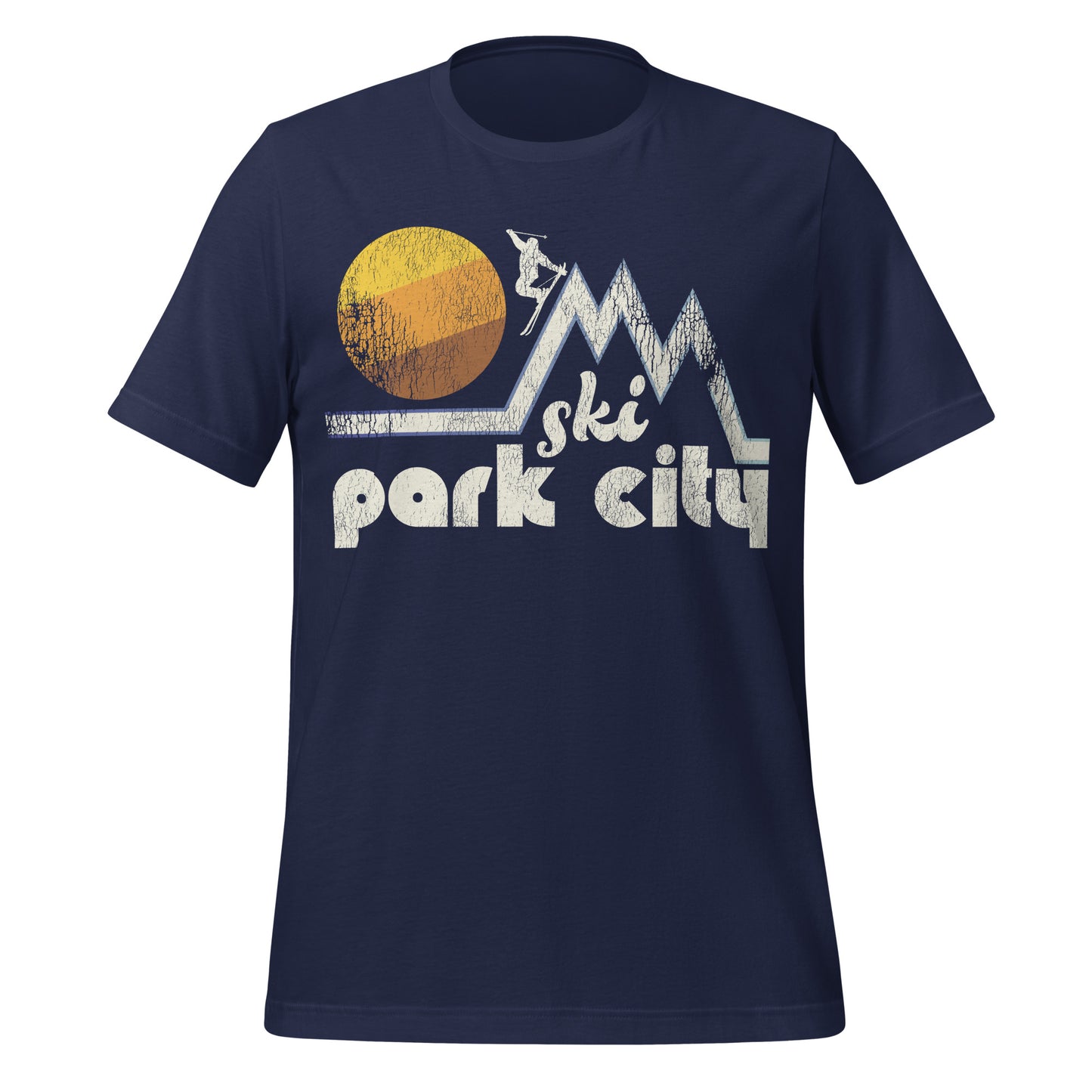 A retro 80s style "Ski Park City" navy t-shirt with the image of a couple mountain peaks and a skier heading down, a beautiful striped yellow, orange, and brown sun in the distance. References the city in Utah which includes Park City Mountain resort, one of the largest resorts in the US.