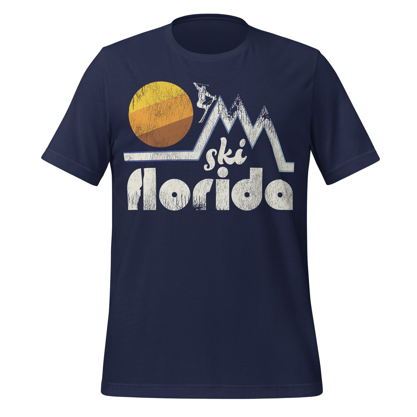 A retro 70s style "Ski Florida" t-shirt with the image of a skier doing a stylized jump down a snowy mountain peak with a striped yellow, orange, and brown sun in the distance.