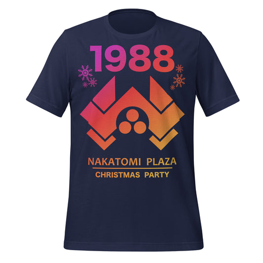 A navy blue retro t-shirt that says "1988" and "Nakatomi Plaza Christmas Party" with the image of snowflakes and the Nakatomi logo symbol in hombre purple, pink, red, and yellow colors. References the 1988 action movie "Diehard" starring Bruce Willis as John McClane.