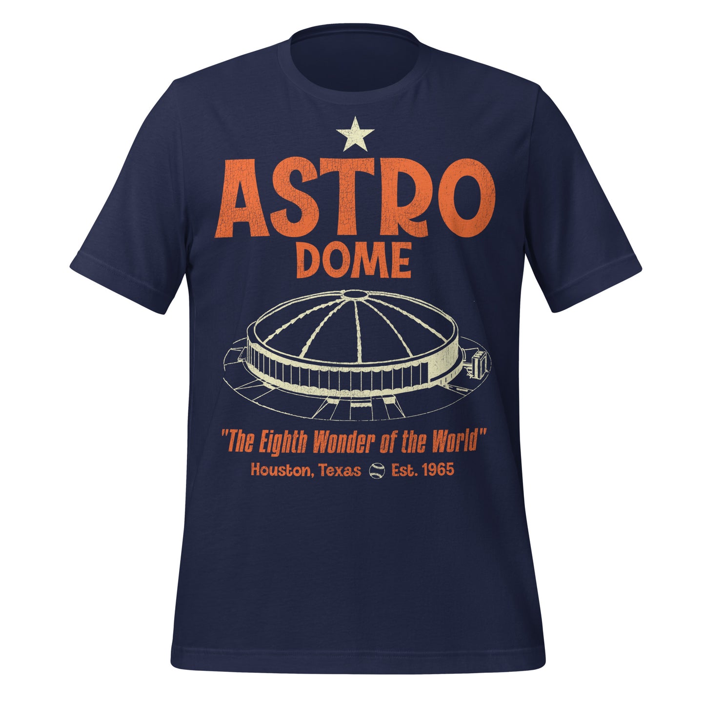 A navy blue retro t-shirt that says "Astro Dome" from "Houston, Texas", "Est. 1965", known as "The Eighth Wonder of the World" by Judge Roy Hofheinz. Image of the circular stadium with a domed ceiling and a small baseball. References the 70,000 seat park, which was built in 1965 as the first ever domed stadium and was the home of the Houston Astros MLB team and the Houston Oilers NFL team.