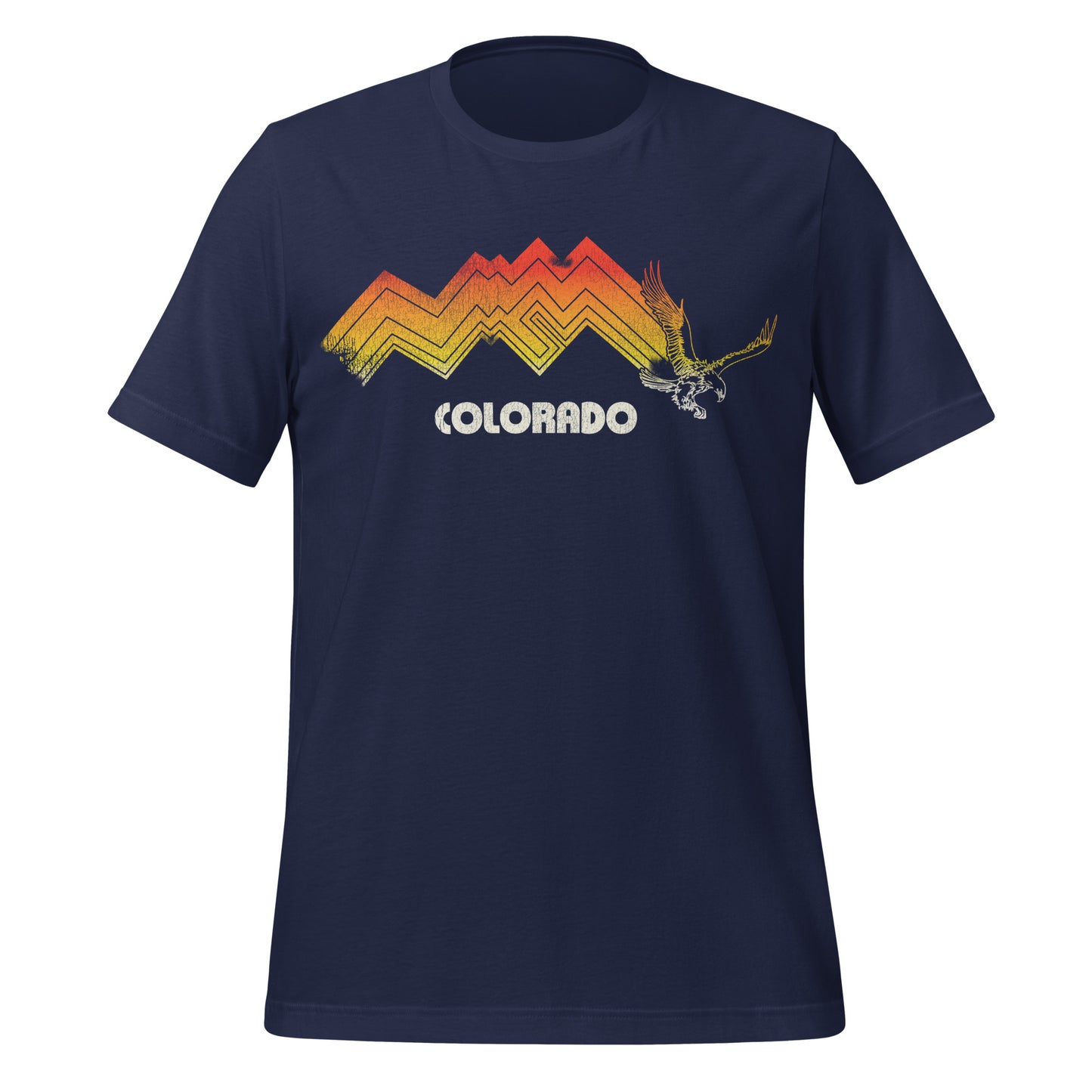 A navy retro style short sleeve t-shirt with the word Colorado and a red to yellow faded mountain range and an eagle.