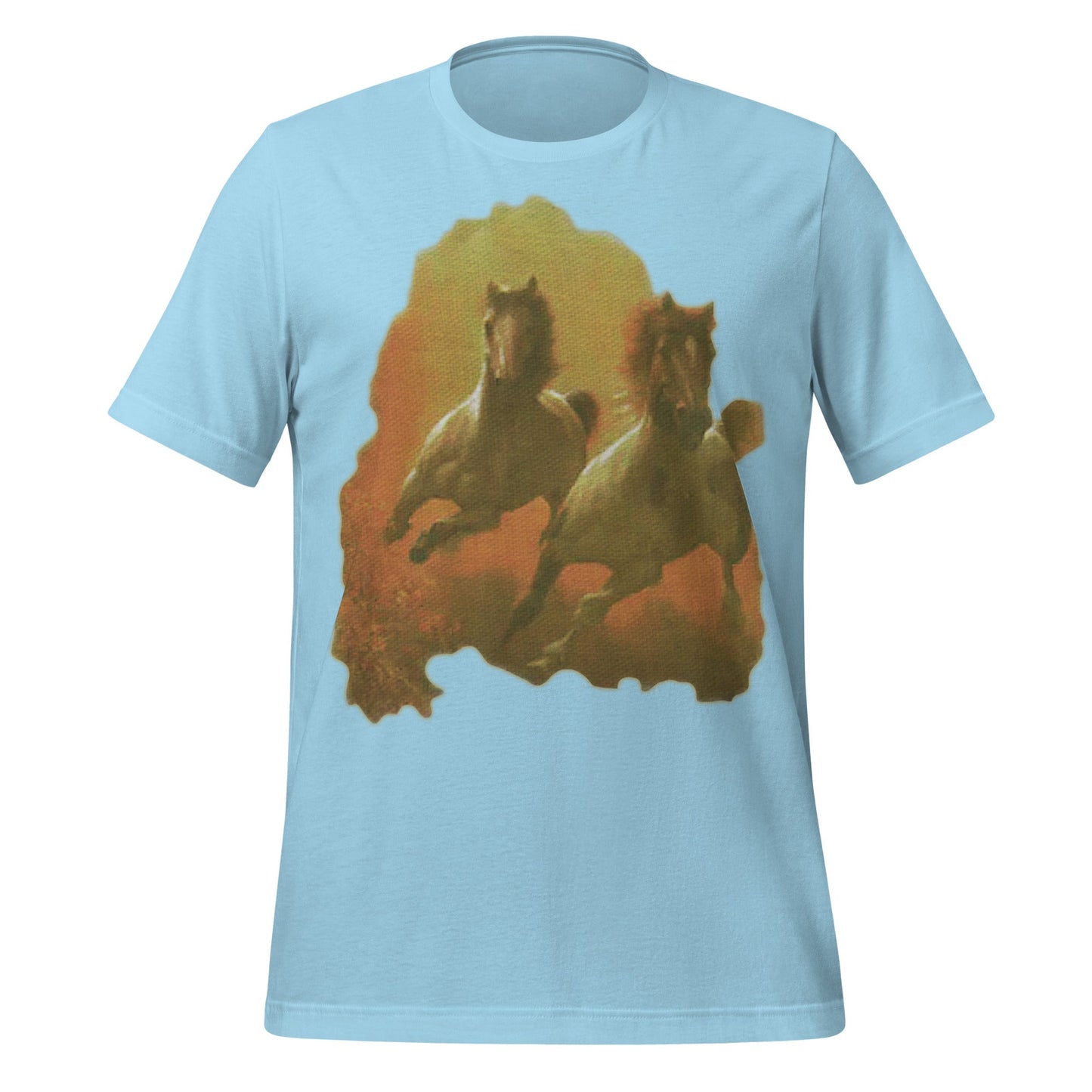An ocean blue retro 90s style t-shirt with two horses running free on a red, brown, and green landscape.