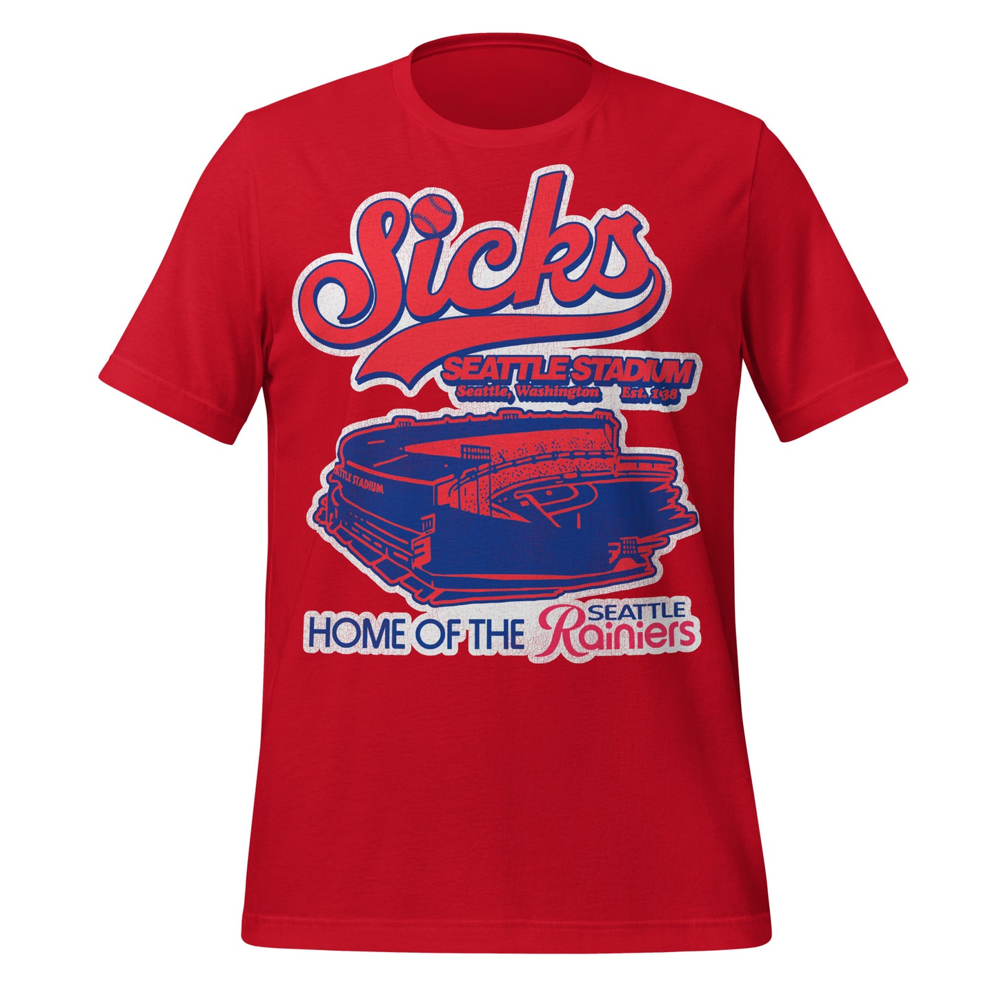 A red retro Sick's Stadium t-shirt. Says "Sicks Seattle Stadium" with a baseball for the "i", "Seattle, Washington" and "Est. 1938" and "Home of the Seattle Rainiers" with an image of the iconic baseball stadium in blue and red, which housed the minor league baseball team called the Seattle Rainiers, later known as the Seattle Angels, from 1938-1968, and the Seattle Pilots in 1969.