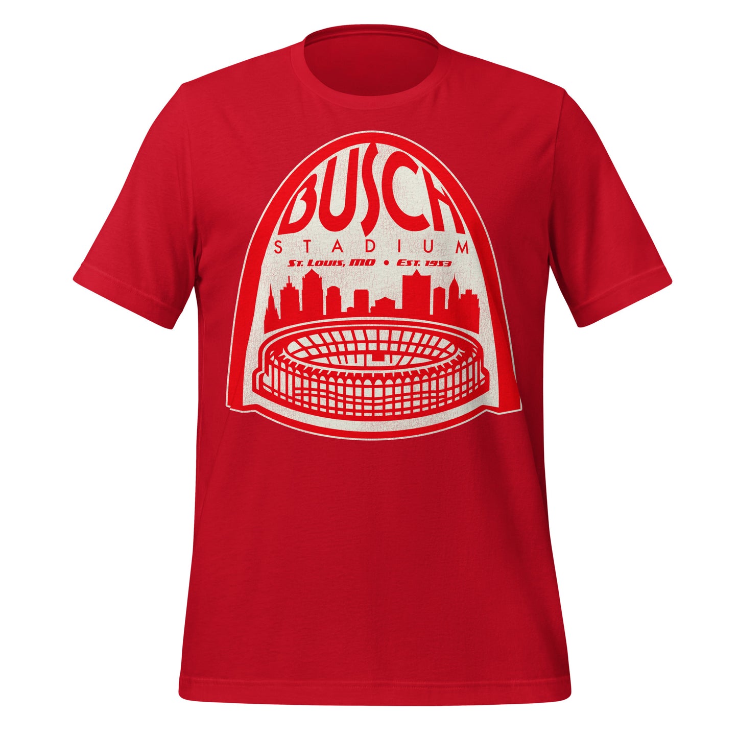 A unisex short sleeved 70s style red shirt that says Busch Stadium under an image of the St. Louis Arch in bright red color. Says "St. Louis, MO" and "Est. 1953", referencing the stadium named after Anheuser-Busch Brewery, formerly known as Sportsman's Park, home of the St. Louis Cardinals and St. Louis Browns.