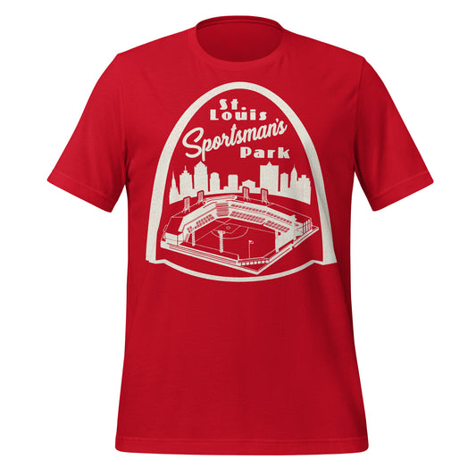 A short sleeved retro red St. Louis Sportsman's Park t-shirt. Image of the St. Louis Arch in white over a skyline of the Missouri City and the baseball stadium home to the St. Louis Browns and the St. Louis Cardinals.