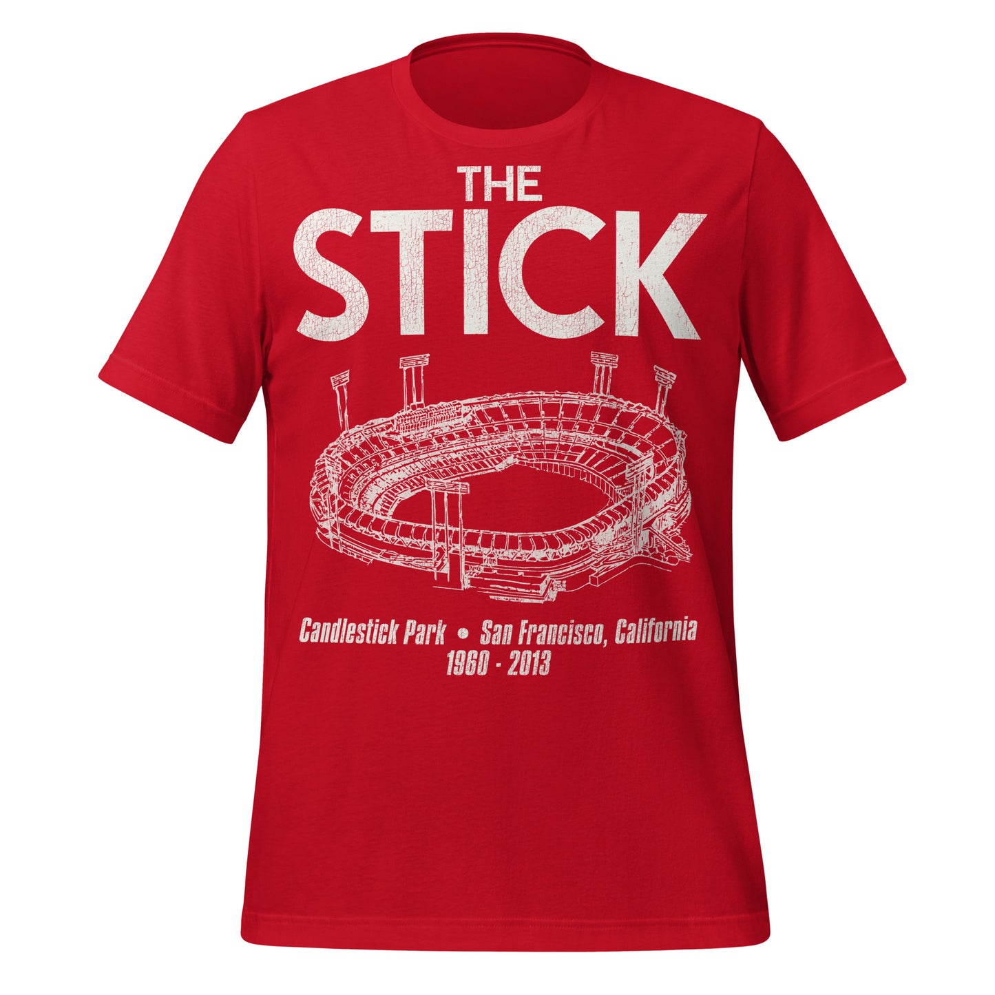 A retro red t-shirt for tourists that says "The Stick", "Candlestick Park", "San Francisco, California," and "1960-2013" with an image of the CA baseball stadium, home of the San Francisco Giants from 1960-1999 and the San Francisco 49ers from 1971-2013. Served as a concert venue where Paul McCartney played right before it was demolished.