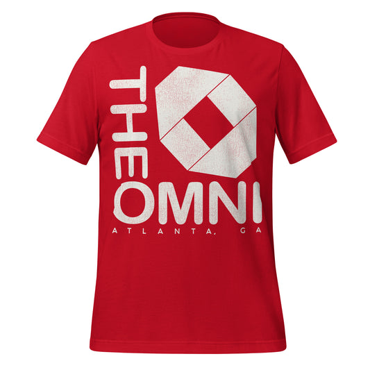 A red retro short sleeved t-shirt that says "The Omni" and "Atlanta, GA". References the Omni Coliseum which stood from 1972 to 1997 with the logo representing the seating arrangement.