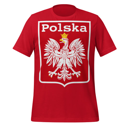 A red t-shirt for tourists with the word Polska, meaning Poland, with image of white eagle with yellow crown, the Polish coat of arms.