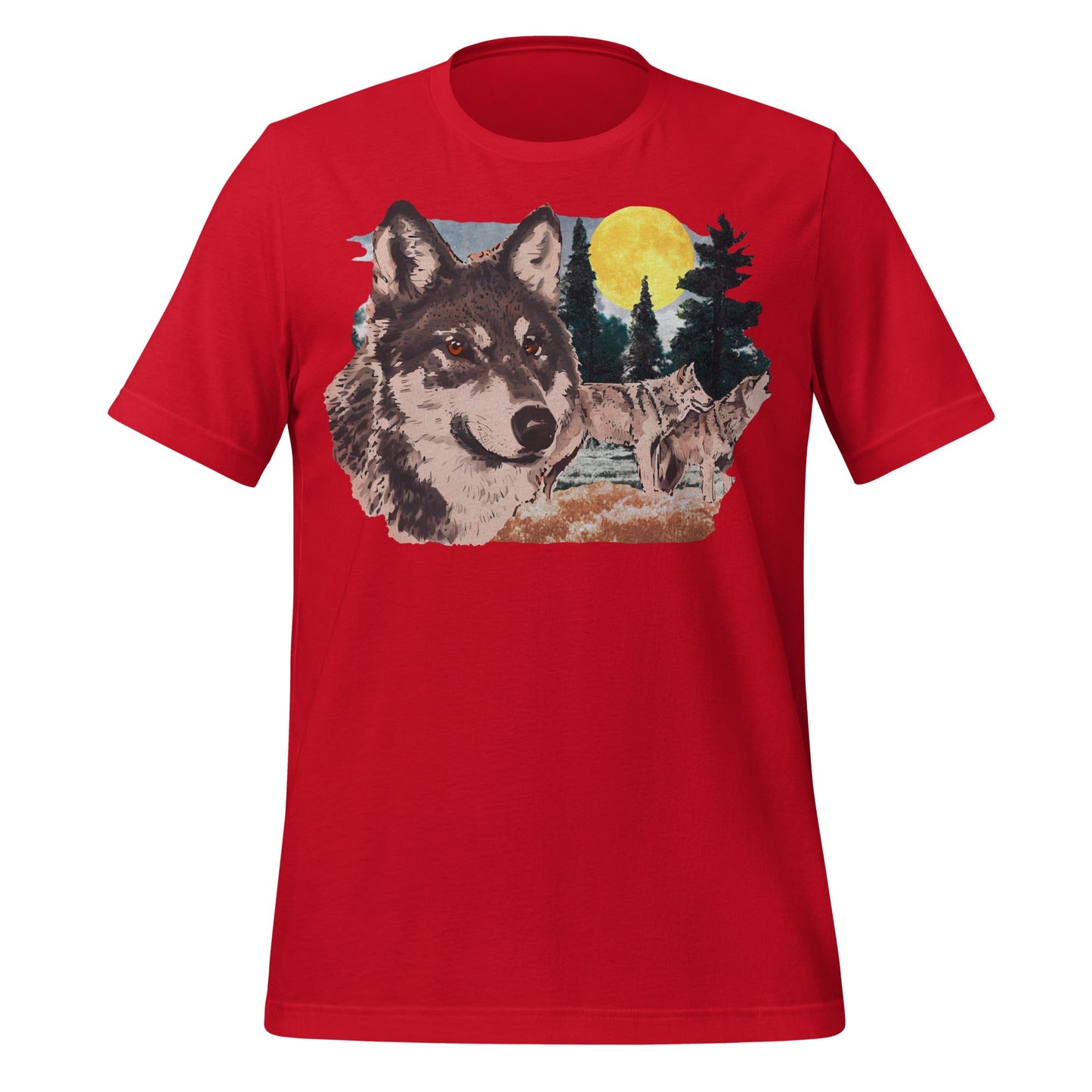 A retro bright red t-shirt with multiple wild wolves howling, a large gray alpha wolf staring, a nature backdrop of trees, a yellow moon, grass, and a river.
