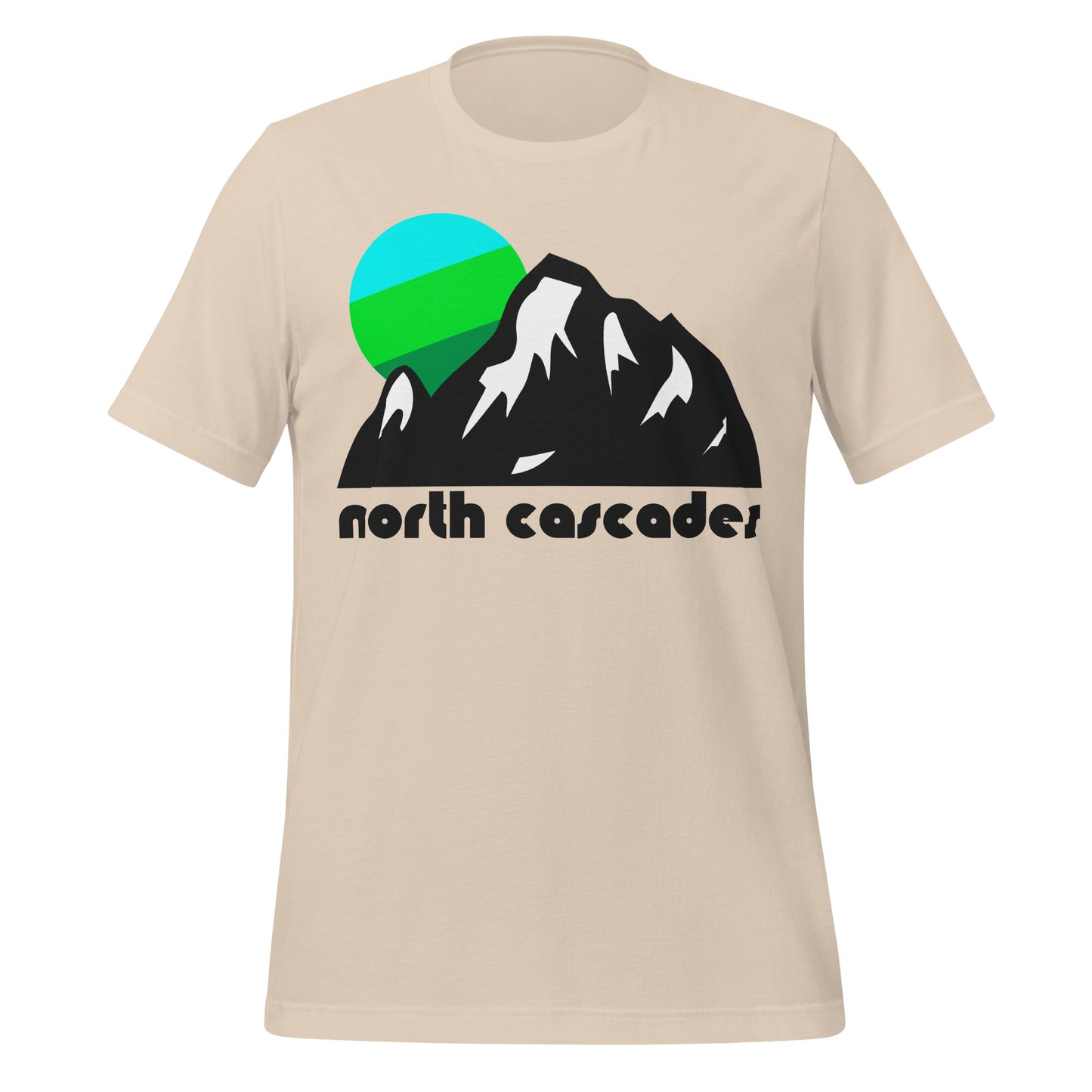 A retro, 80s style soft cream colored North Cascades National park t-shirt that says 'north cascades' under the image of a mountain range with snow and a setting cool colored sun, representing Washington's Cascade Range.
