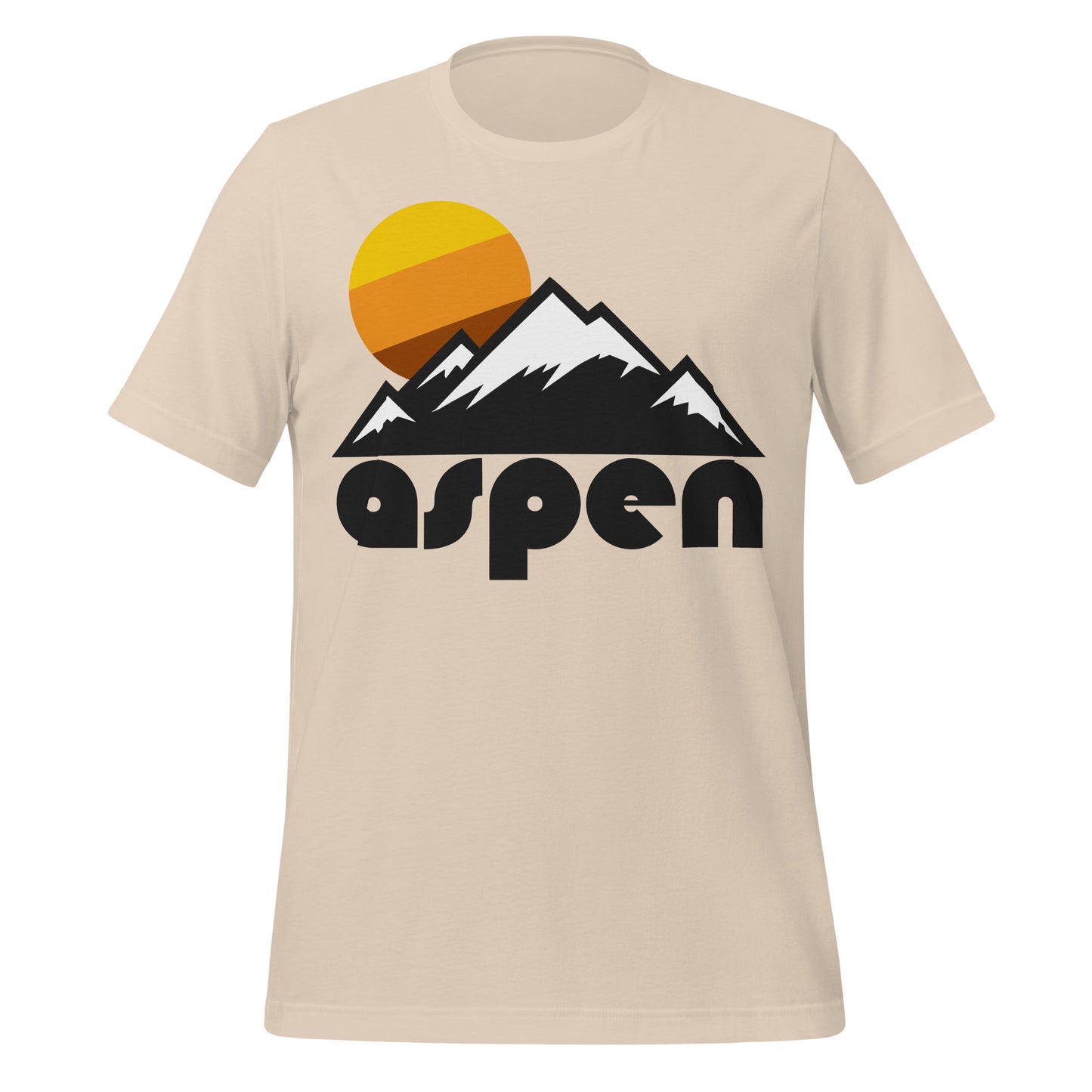 A 70s style vintage soft cream colored "Aspen" t-shirt with the picture of many snowcapped mountains - referencing Colorado's Rocky Mountains - and a tricolored sun rising behind the mountaintops. References the popular skiing, hiking, and resort town Aspen, Colorado.