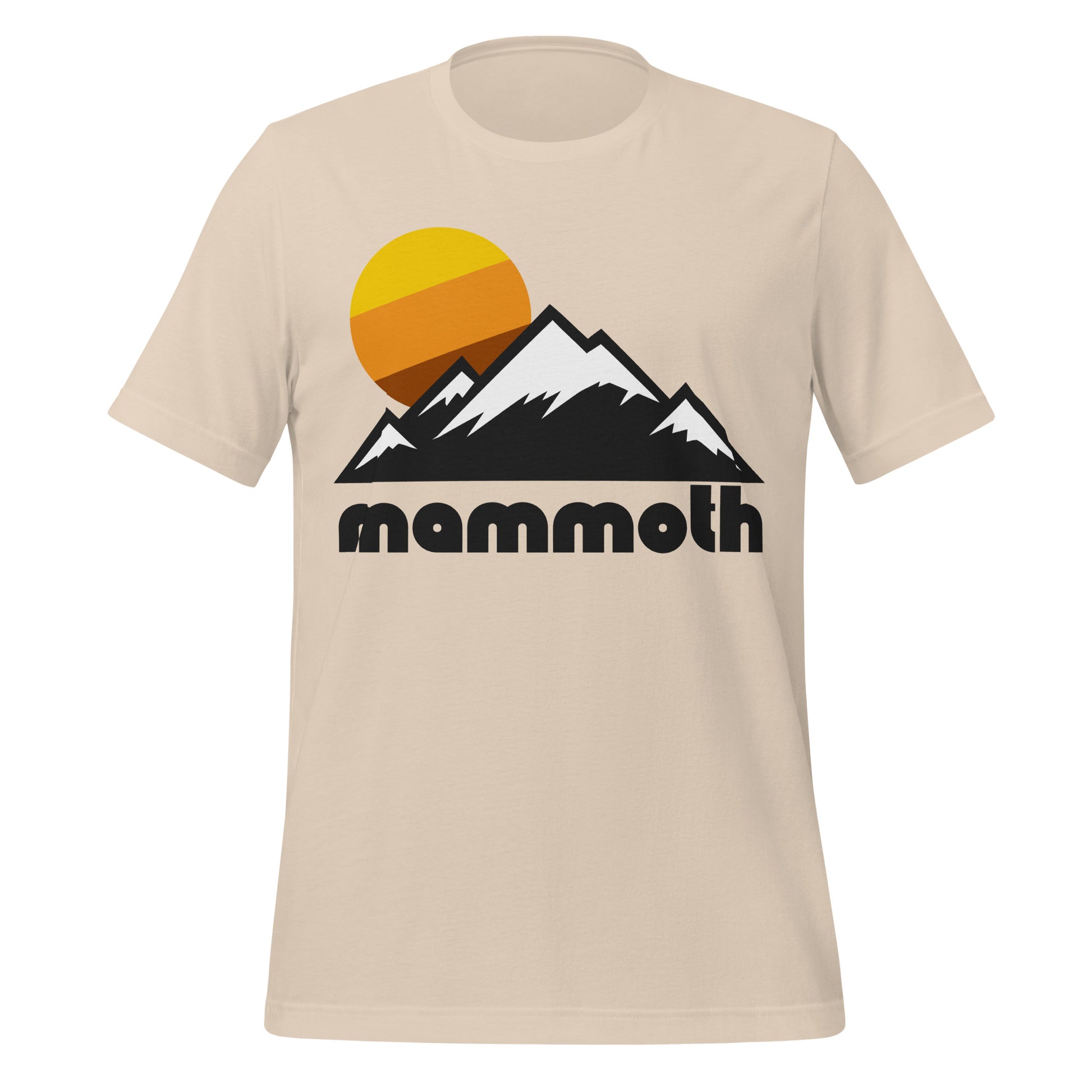 A 90s style souvenir 'Mammoth' soft cream t-shirt with an image of a mountain range, the peaks covered in snow, and a tricolored sun. References Mammoth Mountain, a ski and snowboarding resort in California, nestled in the Sierra Nevadas in the Inyo national Forest.