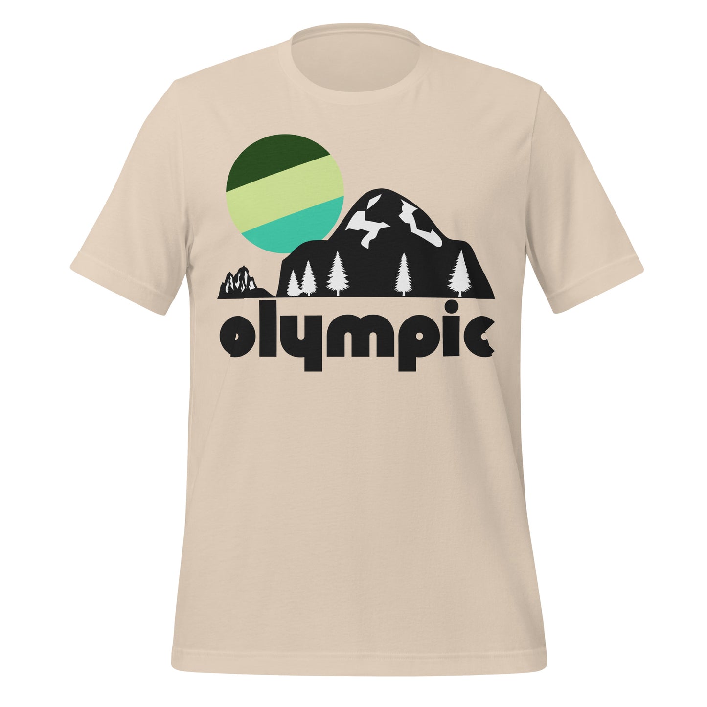 A retro, soft cream colored "olympic" short sleeved t-shirt that has the image of a large mountain, with smaller mountains in the distance, and multiple pine trees underneath a forest green, lime green, and blue colored sun. References Olympic National Park in Washington State known for its stunning cliffs, hikes along the Pacific Ocean, rainforests, and alpine peaks.