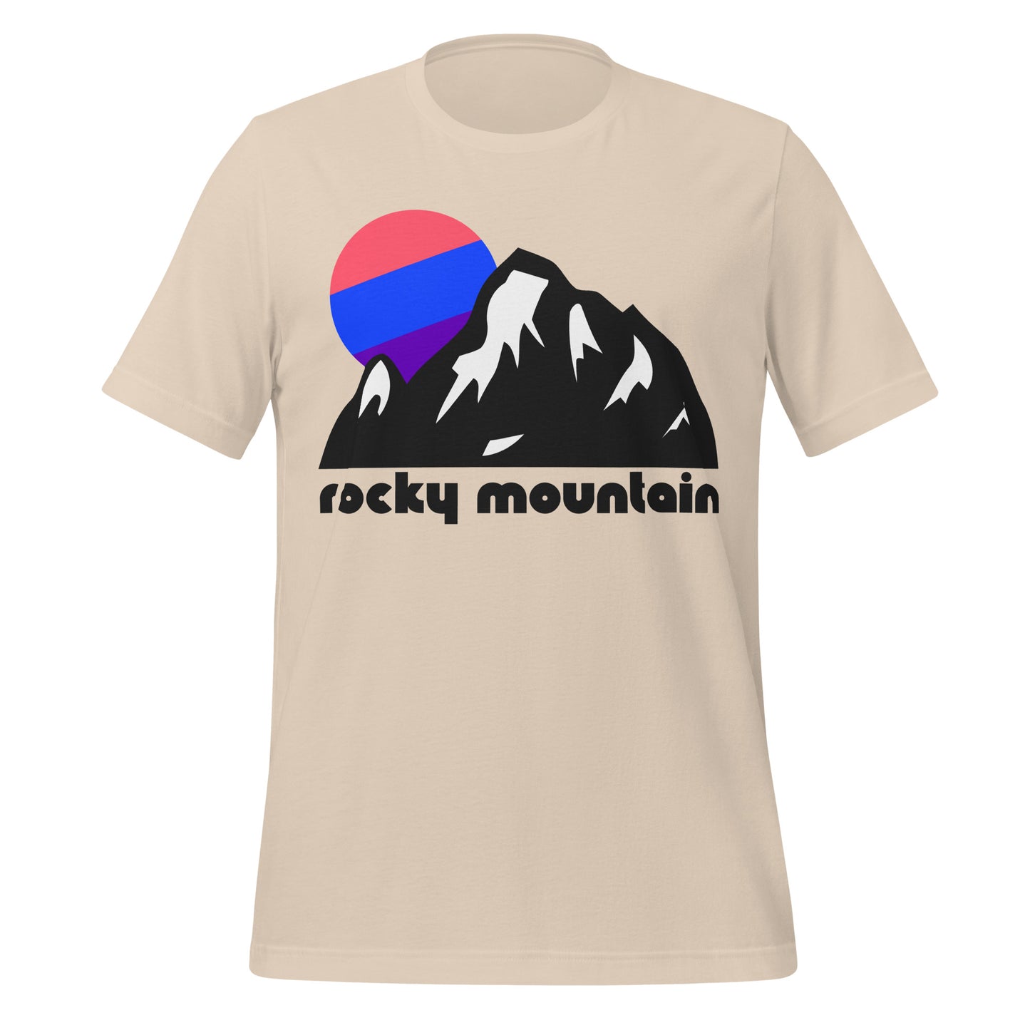 A vintage, souvenir Rocky Mountain soft cream t-shirt with the image of mountains and snow and a rising pink/blue/purple sun. References the world famous Rocky Mountain National Park, located in Colorado, known for its high elevation, stunning hikes and ski trails, and incredible ecosystem.