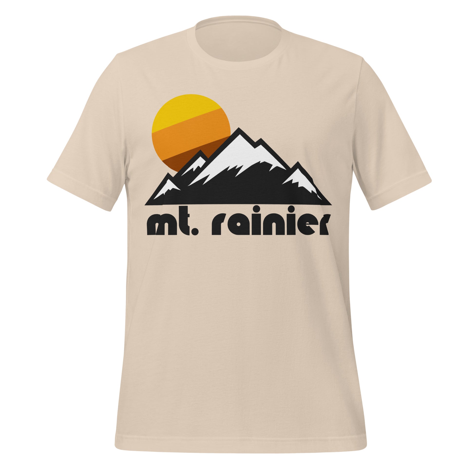 A 70s style, retro soft cream colored Mt. Rainier National Park t-shirt for tourists. Includes the image of multiple mountain peaks with a rising warm toned sun, representing the incredible 14,410 foot tall Mt. Rainier, an active volcano, and the tallest peak in the Cascades Mountain Range.
