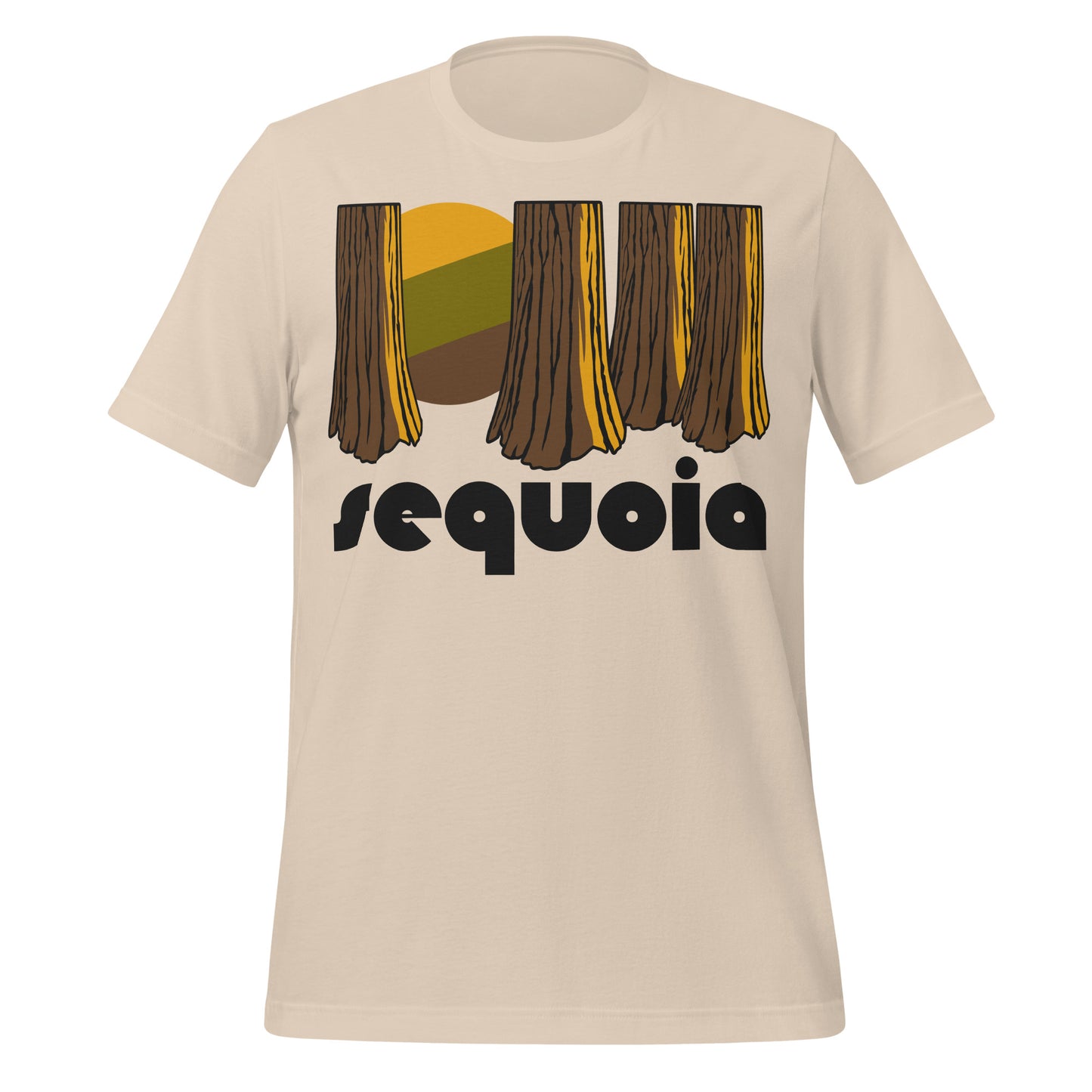 A soft cream "sequoia" tourist t-shirt that includes the image of large trees in front of a yellow/green/brown sun. References California's Sequoia National Park known for General Sherman Tree - the largest tree on Earth (in terms of volume) - as well as Crystal Cave, Moro Rock, Tunnel Tree, and the giant sequoia trees.