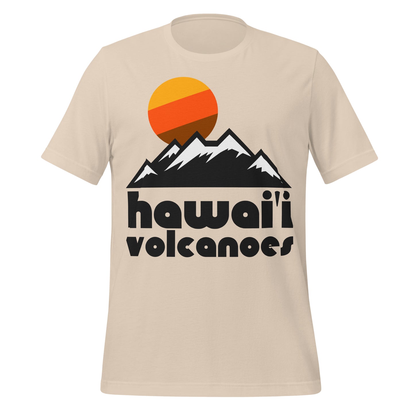 A soft cream 60s style vintage "Hawai'i Volcanoes" t-shirt with the image of snowy mountains in front of a striped yellow, brown, and orange sun. References Hawai'i Volcanoes National Park, located on Hawai'i Island, known for Kīlauea Volcano, Mauna Loa - the largest shield volcano in the world - the Crater Rim Drive, and Halema'uma'u Crater.