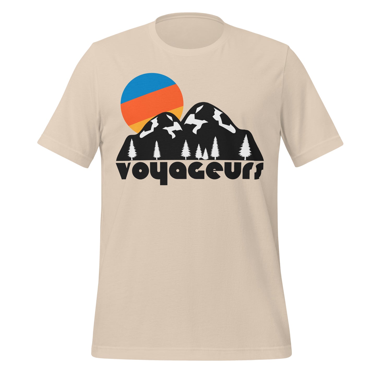 A soft cream retro 70s style Voyageurs National Park t-shirt with the image of hilly mountains and evergreen forests and an orange, blue, and yellow sun. The park is in Northern Minnesota, almost at the border with Canada, and has stunning forests, lakes, and the Ellsworth Rock Gardens.