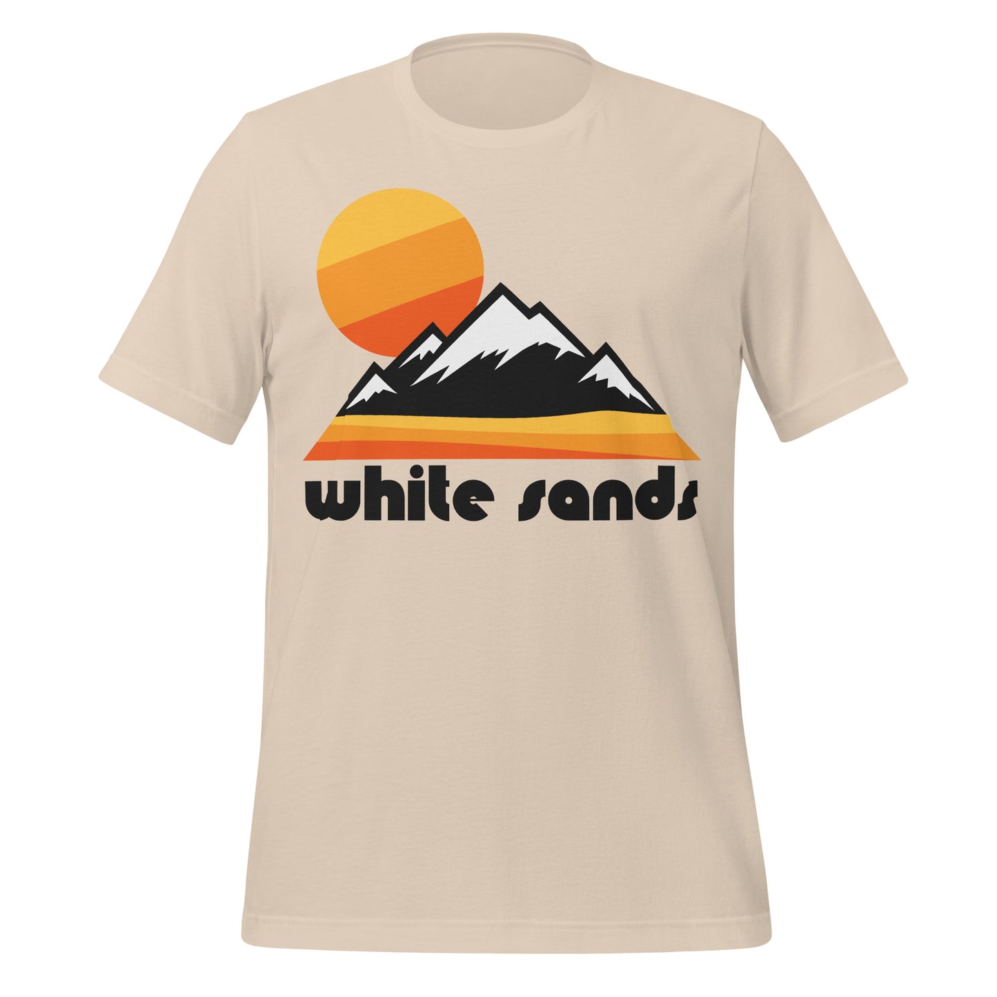 A soft cream White Sands 80s style retro t-shirt for tourists with the image of a mountain range, a stylized stripe desert landscape, and a yellow and orange sun. References the White Sands National park near Las Cruces, New Mexico, known for its white sand dunes in the Tularosa Basin.