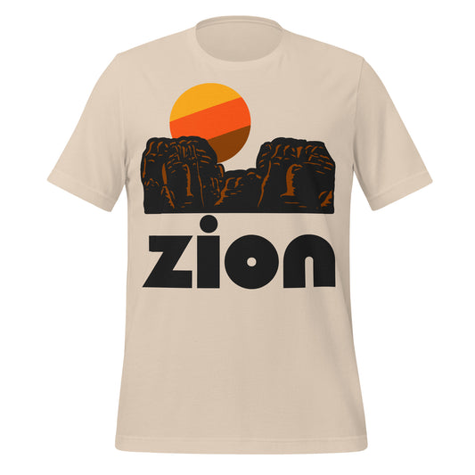 A soft cream souvenir vintage "Zion" t-shirt, referencing the national park in Utah,  with an image of red rock landscape and a tricolored sun, known for Angels Landing trail, Zion Canyon, and slot canyons.