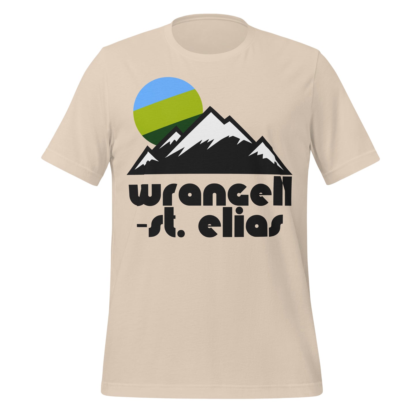 A soft cream vintage Wrangell-St. Elias National Park and Preserve t-shirt with the image of a mountain landscape with snow and a setting blue/green sun. Located in Alaska in the Wrangell and St. Elias Mountain ranges, the park contains volcanoes, glaciers, the second tallest peak in the US - Mount Saint Elias - and a range of habitats including rainforest and tundra.