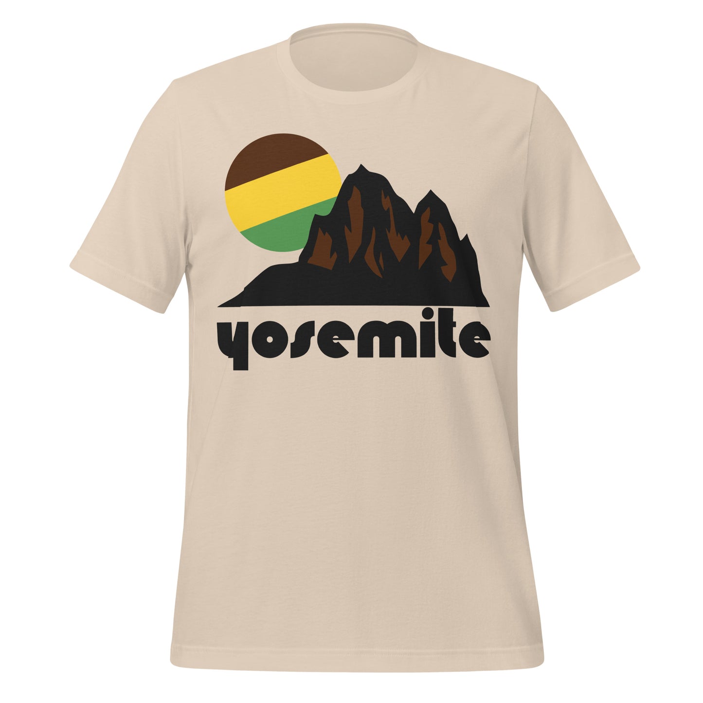 A soft cream vintage souvenir Yosemite tshirt that has the picture of a black and brown mountain landscape with a rising tricolored sun. References California's Yosemite National Park, known for its waterfalls, John Muir's connection to the park and located in the Sierra Nevada Mountain Range.