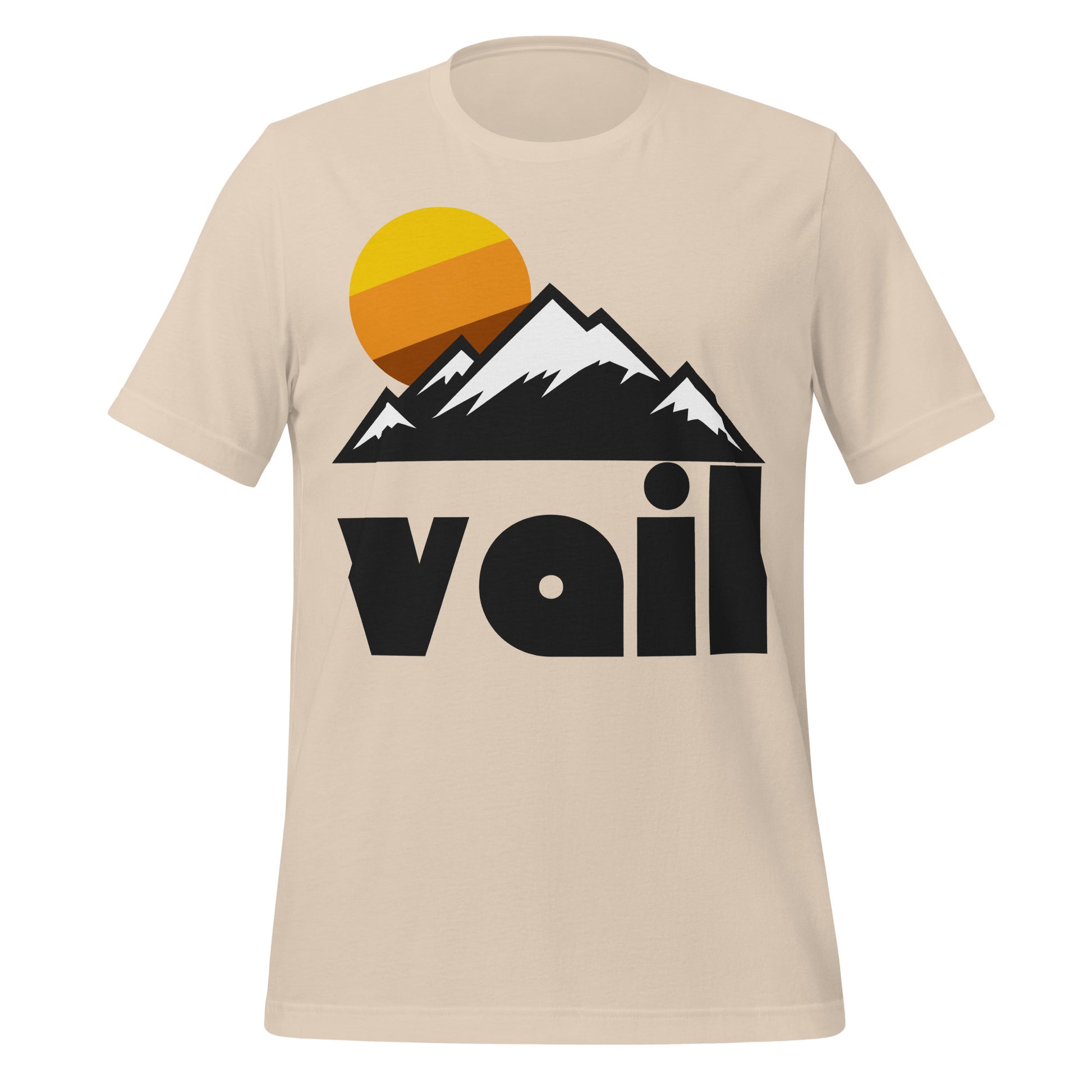 A soft cream vintage Vail t-shirt with a mountain landscape image and a sun setting in yellow, orange, and brown. Vail, Colorado is known for Vail Ski Resort and is located in the Sawatch and Gore Mountain Ranges and the White River National Forest, popular for skiing, snowboarding, winter sports, and hiking.