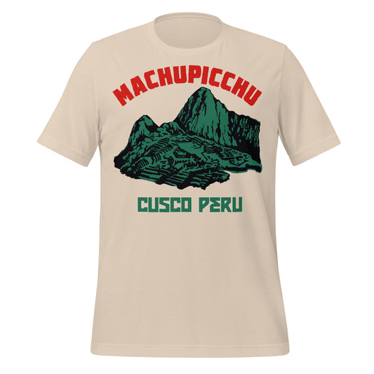 A tourist Machu Picchu t-shirt in soft cream. Includes an image of the incredible ruins from the Inca Civilization, one of the seven wonders of the world, and nearby city Cusco, Peru.