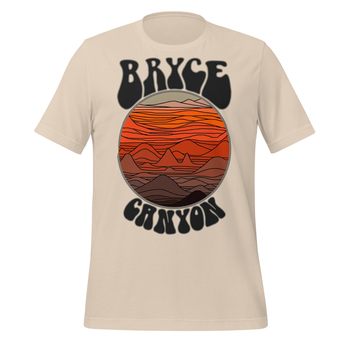 A soft cream Bryce Canyon t-shirt with an image of orange and brown colored canyons and mountains, as if the sun is setting. References the famous national park in Southern Utah, perfect for hiking and a popular tourist destination.