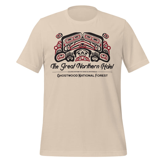 A soft cream short sleeved t-shirt that says "The Great Northern Hotel" and "Located within the dense & mysterious Ghostwood National Forest". Image of eyes, hands, and expressions within a stylized forestlike clump. References the mystery TV show Twin Peaks in Queensland, filmed at the Salish Lodge by Snoqualmie Falls.