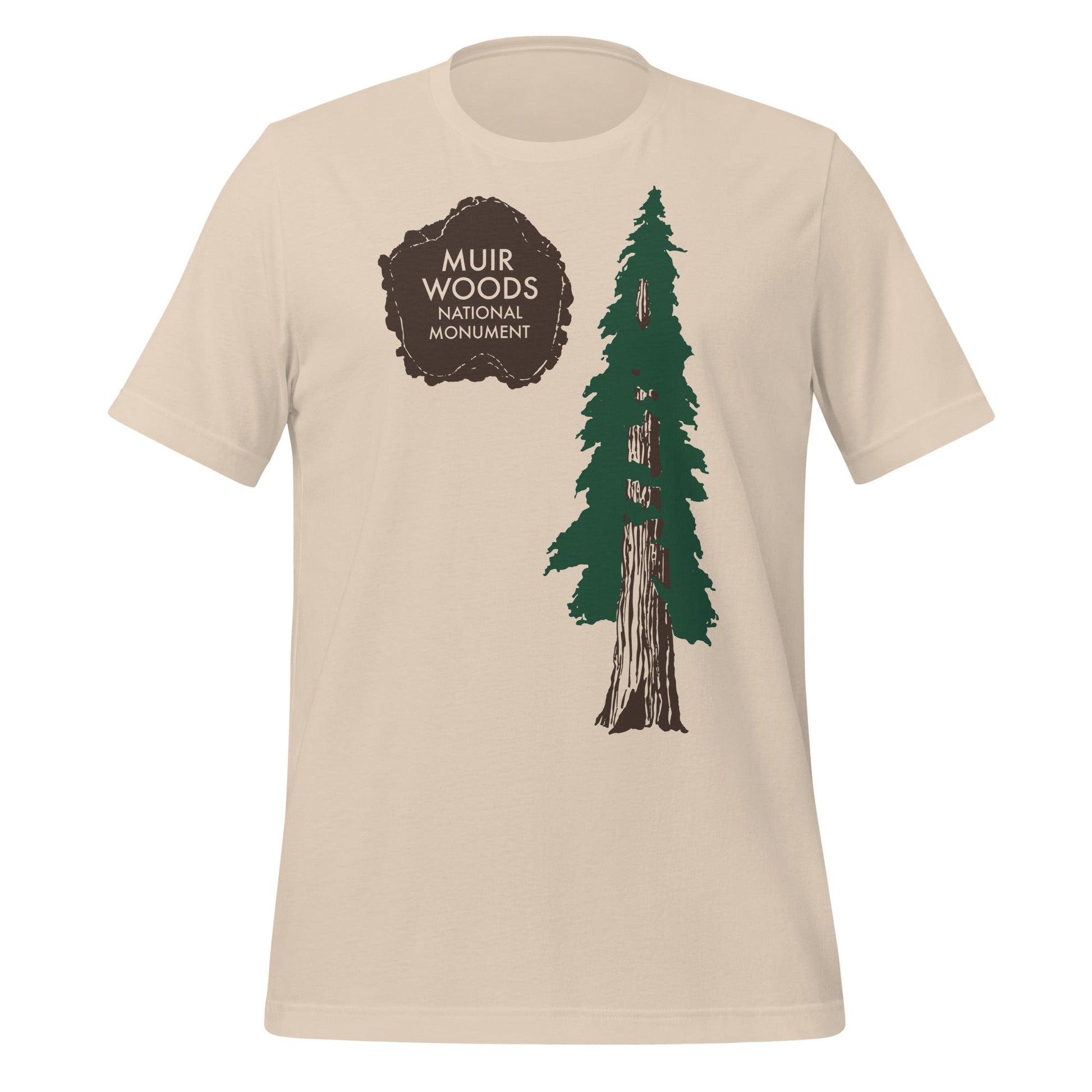 A soft cream retro Muir Woods National Monument t-shirt with an image of a pine tree in green and brown and a paw print on a muddy ground.