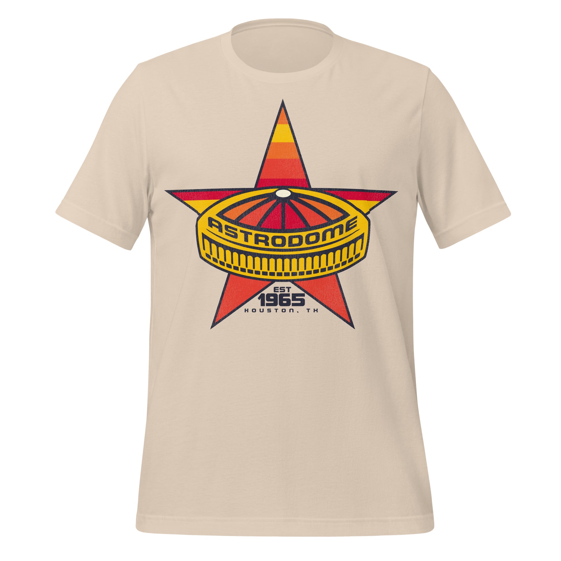 A soft cream vintage t-shirt that says "Astrodome" over an image of a domed building in yellow, orange, and red on top of a five pointed Lone Star. Says "Est 1965" and "Houston, TX".