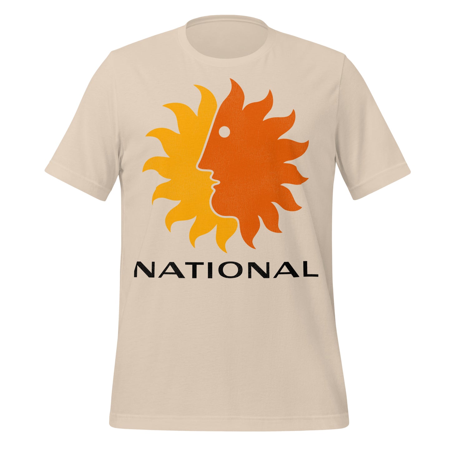 A 70s style retro soft cream t-shirt that says "national" in black letters with the National Airlines "Sun King" logo with a stylized yellow and orange sun including a face.